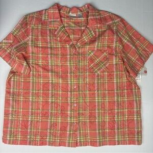 Erika Women's 2X Shirt Peach Yellow Plaid Floral Short Sleeve Button Up New